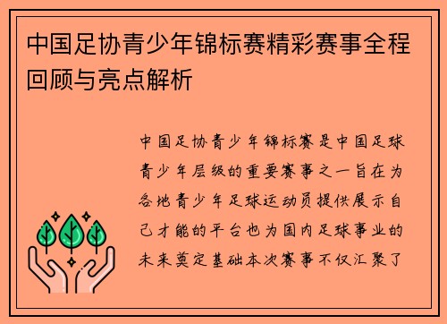中国足协青少年锦标赛精彩赛事全程回顾与亮点解析